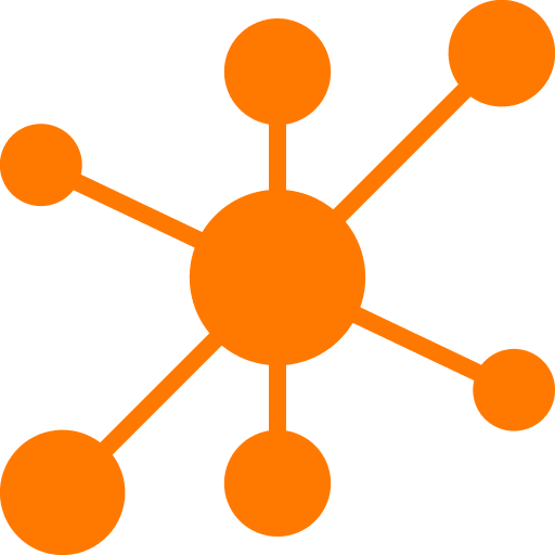 An orange network diagram with a central node connected to six outer nodes by straight lines, resembling a starburst pattern.