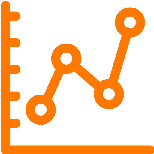 Orange line graph with three data points on a grid, indicating upward and downward trends.