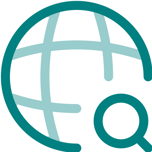 A teal globe icon with a magnifying glass symbol situated in the bottom-right quadrant.