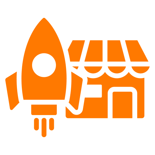 Orange icon of a rocket taking off next to a storefront with an awning.