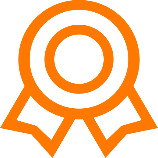 An orange outline of an award ribbon with two tails on the bottom, set against a transparent background.